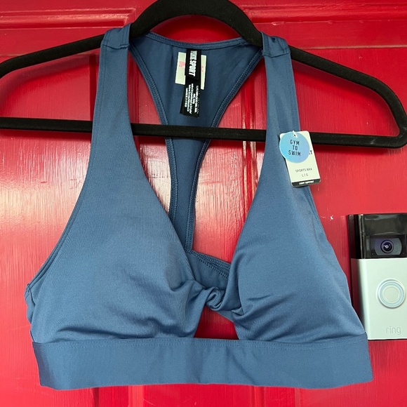 Pink Bra New Blue Sports Twist Workout Halter Top Large Swim Light Support - Picture 1 of 4